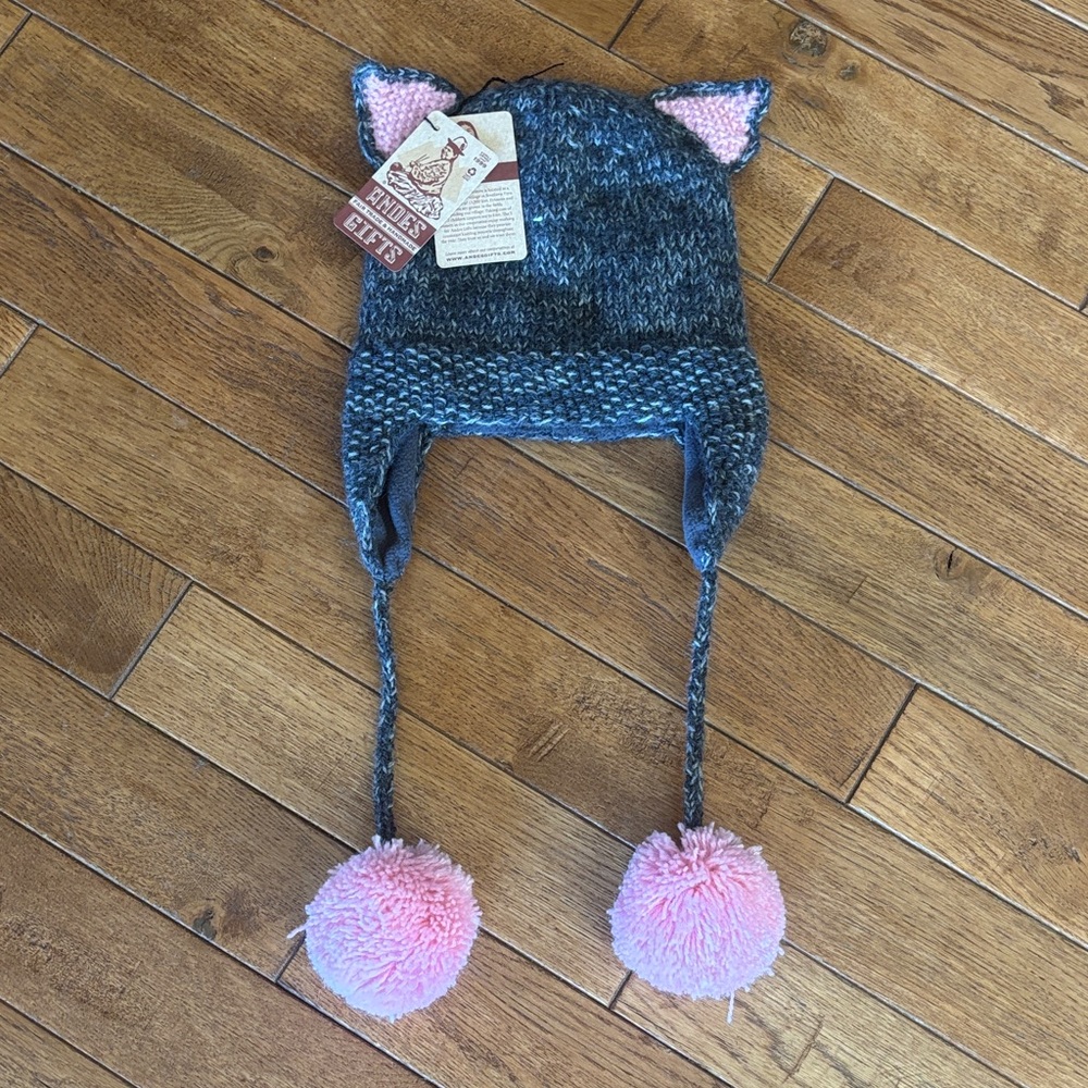 Gray and Pink Knit Cat Ear Hat